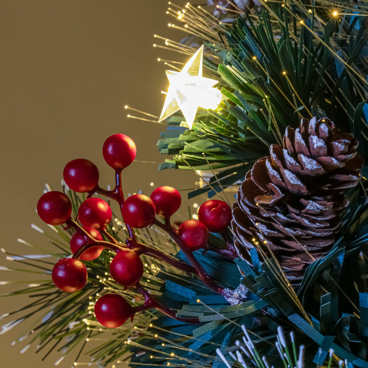 Green Fibre Optic Christmas Tree 3ft - 7ft with Berries, Cones and Warm White LED Stars