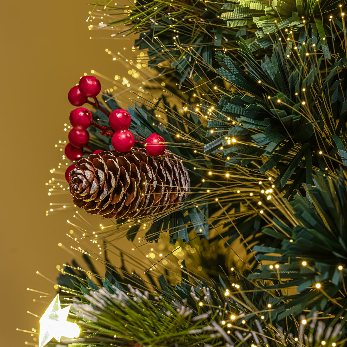 Green Fibre Optic Christmas Tree 3ft - 7ft with Berries, Cones and Warm White LED Stars