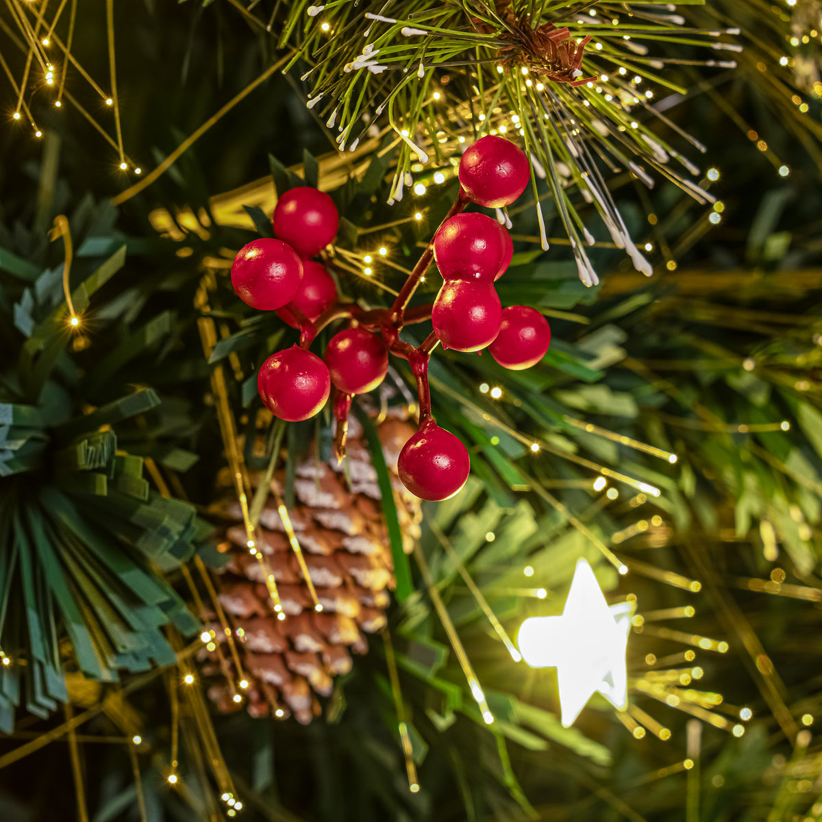 Green Fibre Optic Christmas Tree 3ft - 7ft with Berries, Cones and Warm White LED Stars