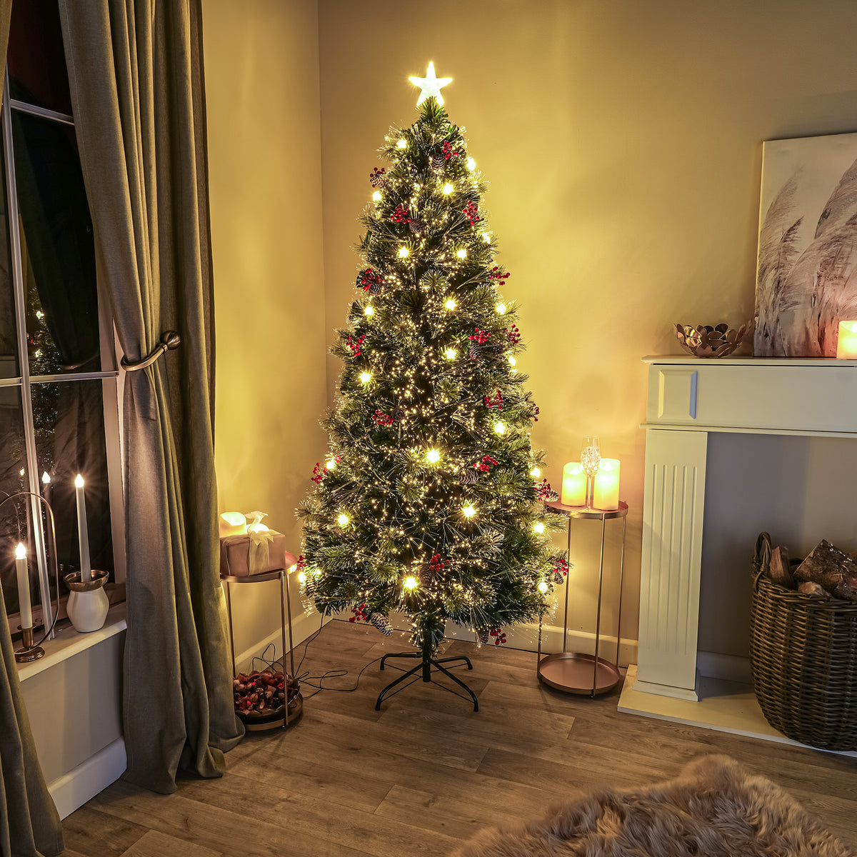 Green Fibre Optic Christmas Tree 3ft - 7ft with Berries, Cones and Warm White LED Stars