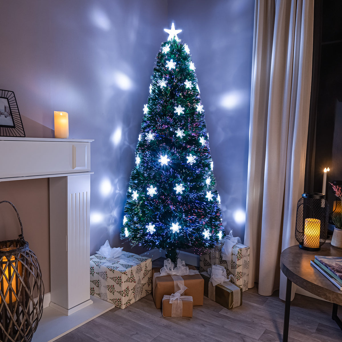 Green Fibre Optic Christmas Tree 2ft - 6ft with Multi Coloured Fibre Optics, White LED Lights and Snowflakes