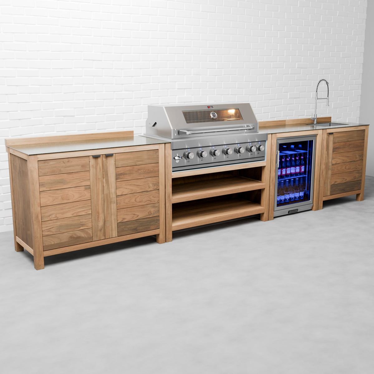 Draco Grills Teak 6 Burner Outdoor Kitchen with Modular Double Cupboard, Single Fridge and Sink