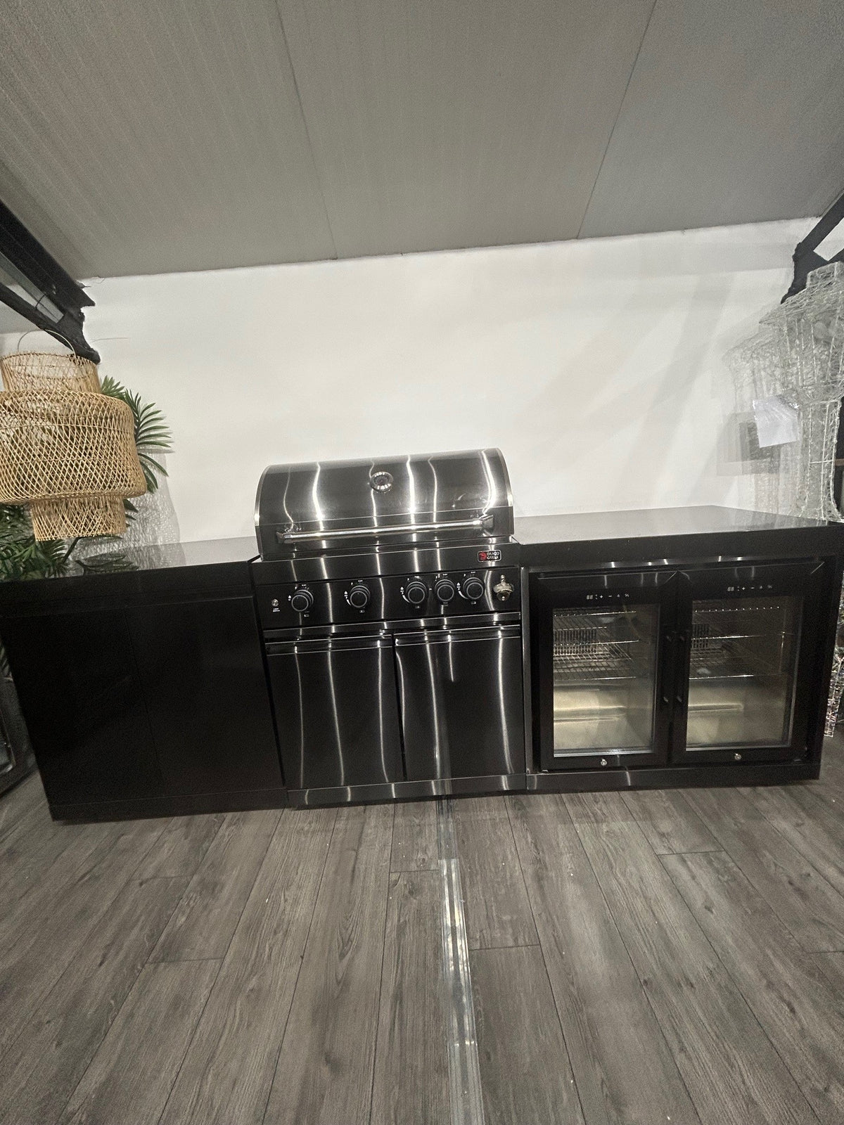 Ex Display Draco Grills 4 Burner Black Stainless Steel Outdoor Kitchen with Double Cupboard and Double Fridge