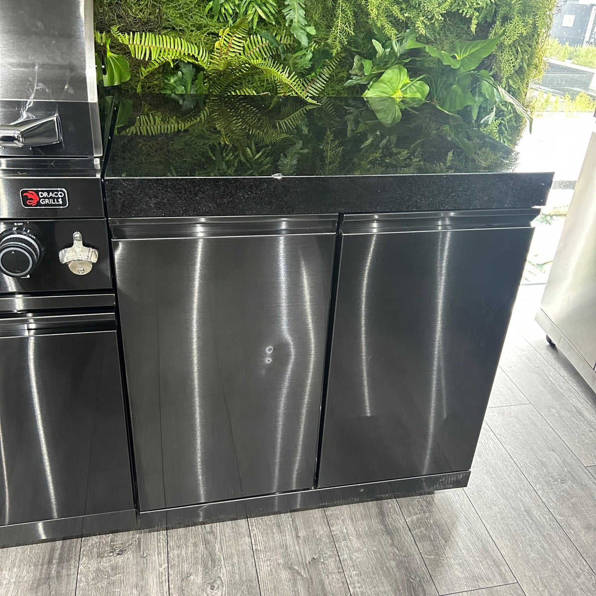 Ex Display Draco Grills 4 Burner Black Stainless Steel Outdoor Kitchen with Sink and Fridge Unit and Double Cupboard