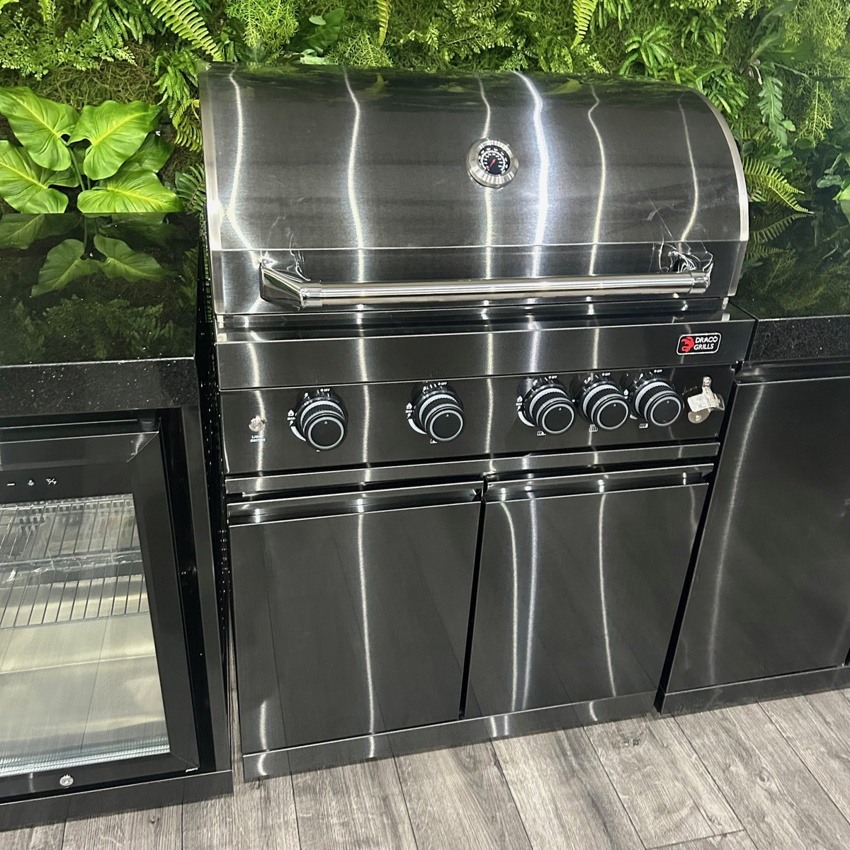 Ex Display Draco Grills 4 Burner Black Stainless Steel Outdoor Kitchen with Sink and Fridge Unit and Double Cupboard