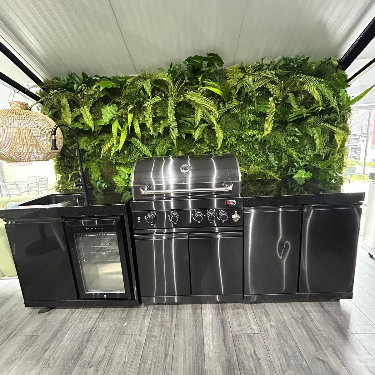 Ex Display Draco Grills 4 Burner Black Stainless Steel Outdoor Kitchen with Sink and Fridge Unit and Double Cupboard