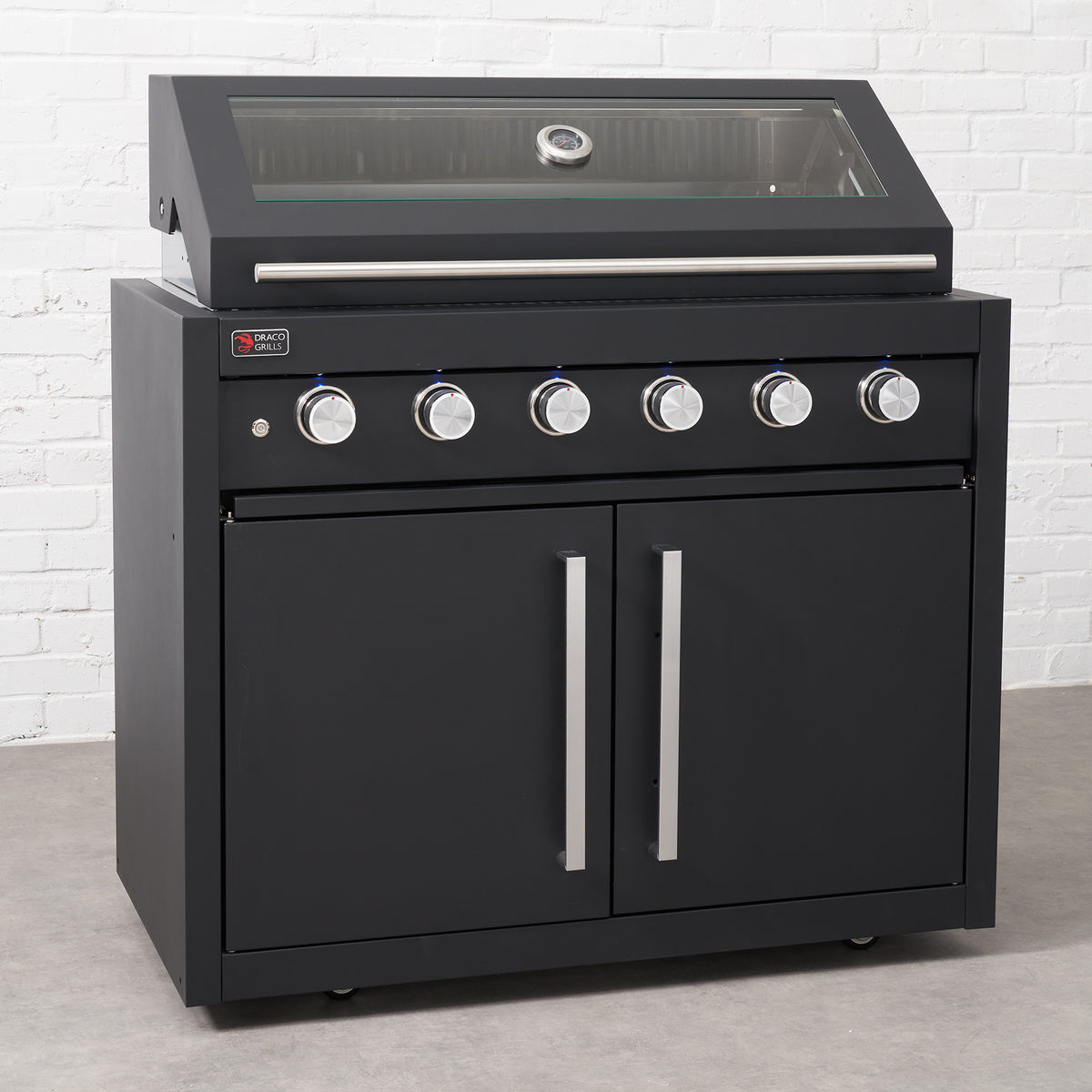 Draco Grills Fusion 6 Burner Black Outdoor Kitchen with Modular Side Burner and Single Fridge