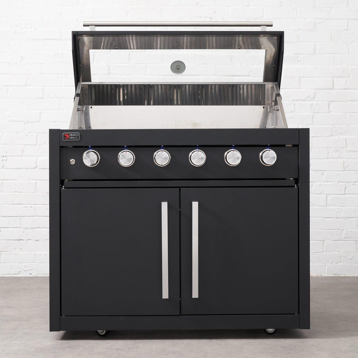 Draco Grills Fusion 6 Burner Black Outdoor Kitchen with Modular Side Burner and Single Fridge