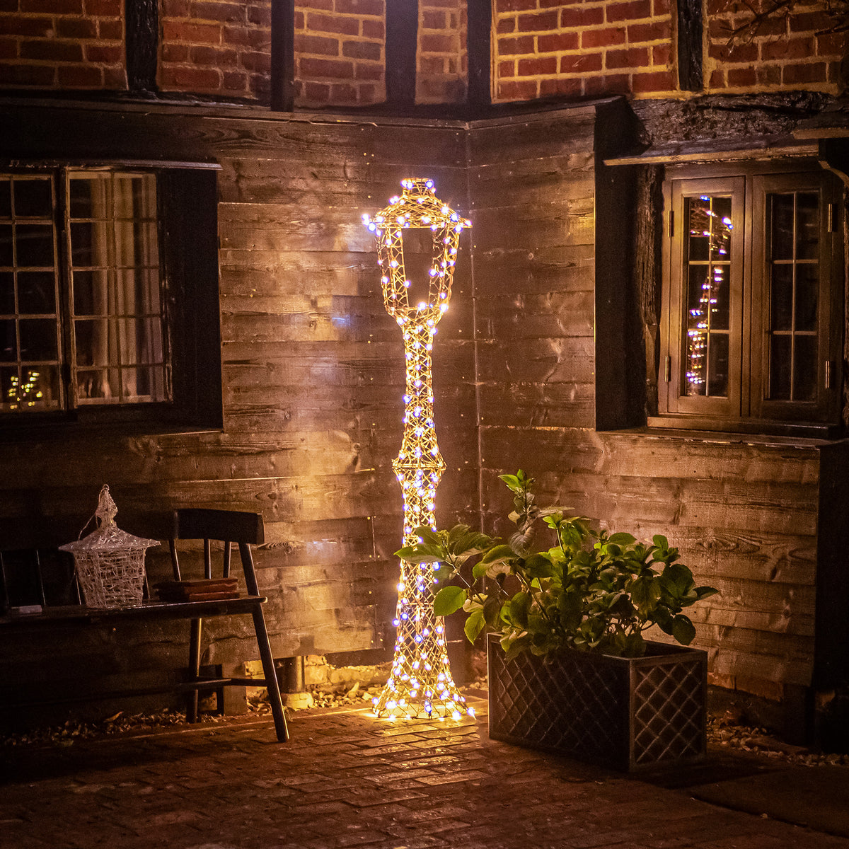 Light Up Christmas Lamp Post Lantern in Brown Weave with 200 White/Multi LEDs -1.8m