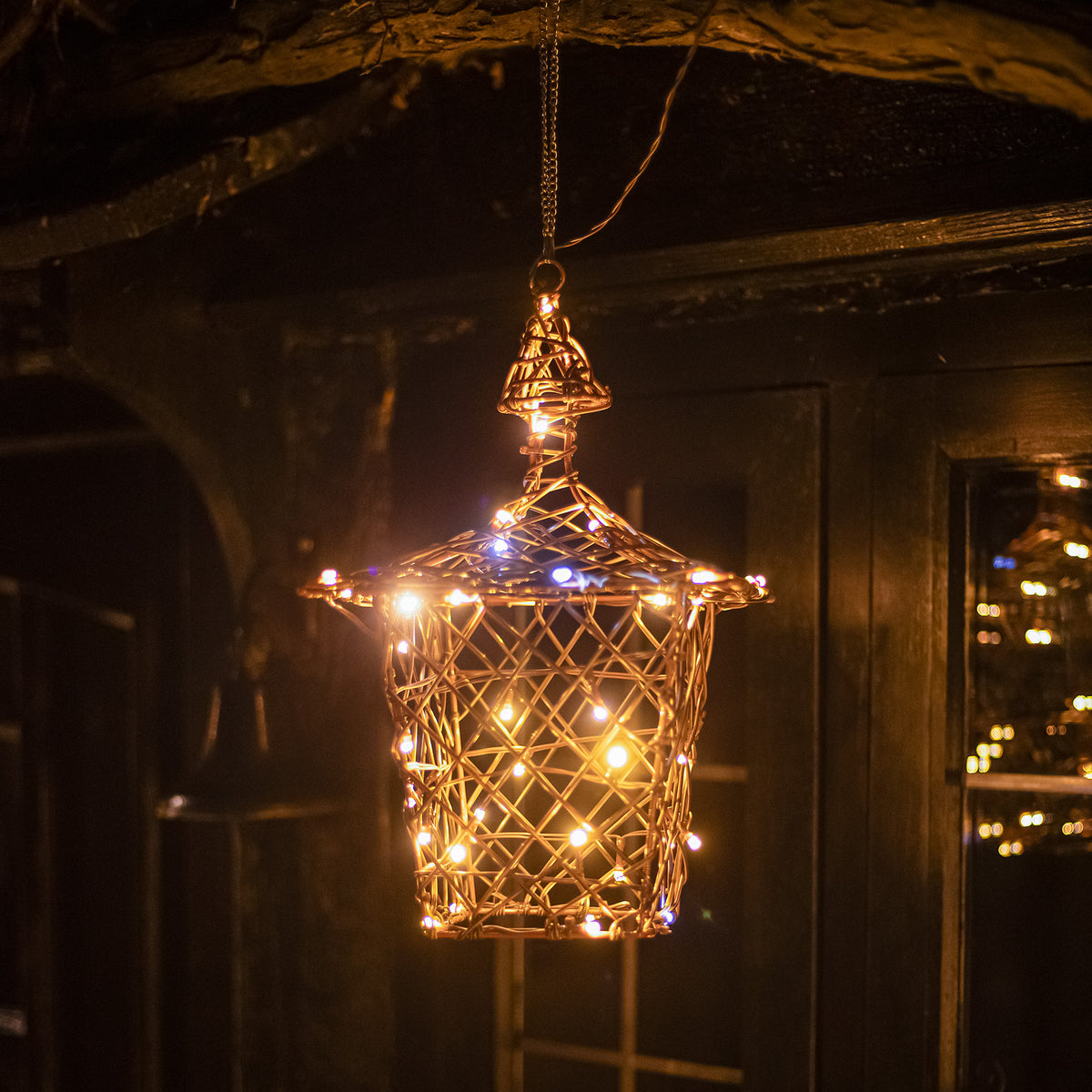 35CM Grey Weave Light Up Christmas Hanging Lantern with 40 Warm White and Multicoloured LEDs