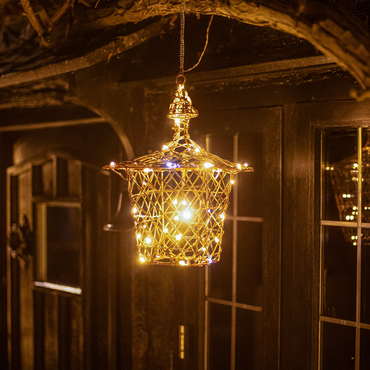 35CM Grey Weave Light Up Christmas Hanging Lantern with 40 Warm White and Multicoloured LEDs