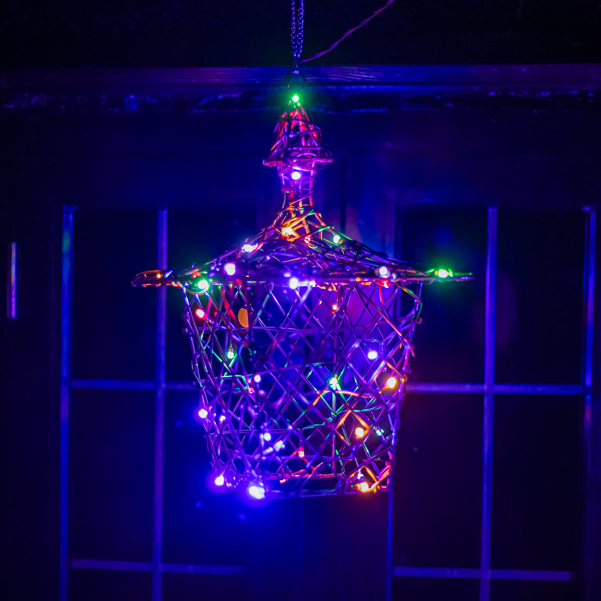 35CM Grey Weave Light Up Christmas Hanging Lantern with 40 Warm White and Multicoloured LEDs