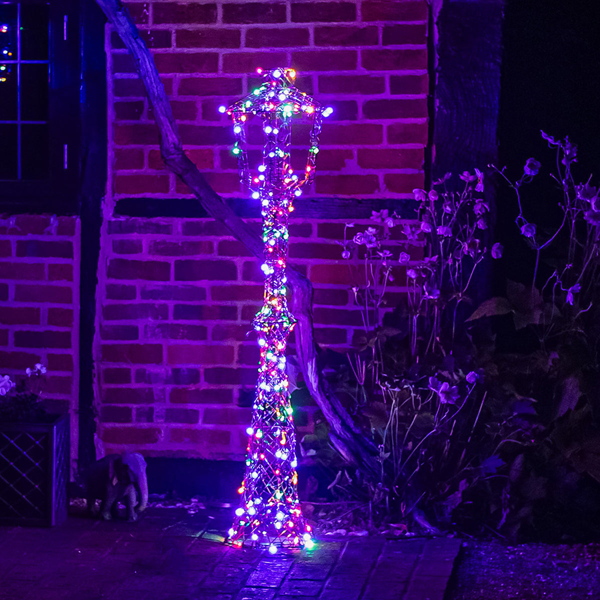 Light Up Christmas Lamp Post Lantern In Brown Weave with 170 White/Multicoloured LEDs - 1.5M