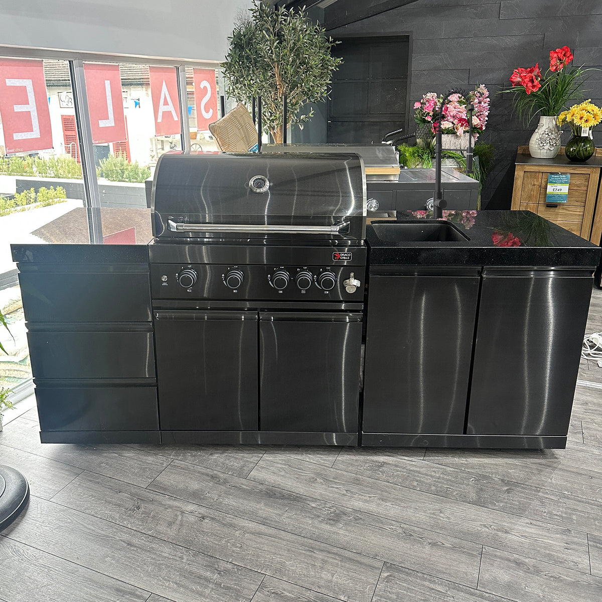 Ex Display Draco Grills 4 Burner Black Stainless Steel Outdoor Kitchen with Single Cabinet and Double Cupboard with Sink