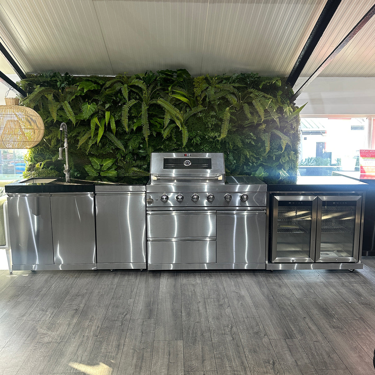 Ex Display Draco Grills 4 Burner Stainless Steel Outdoor Kitchen with Integrated Sear Station, Double Fridge and Sink Unit