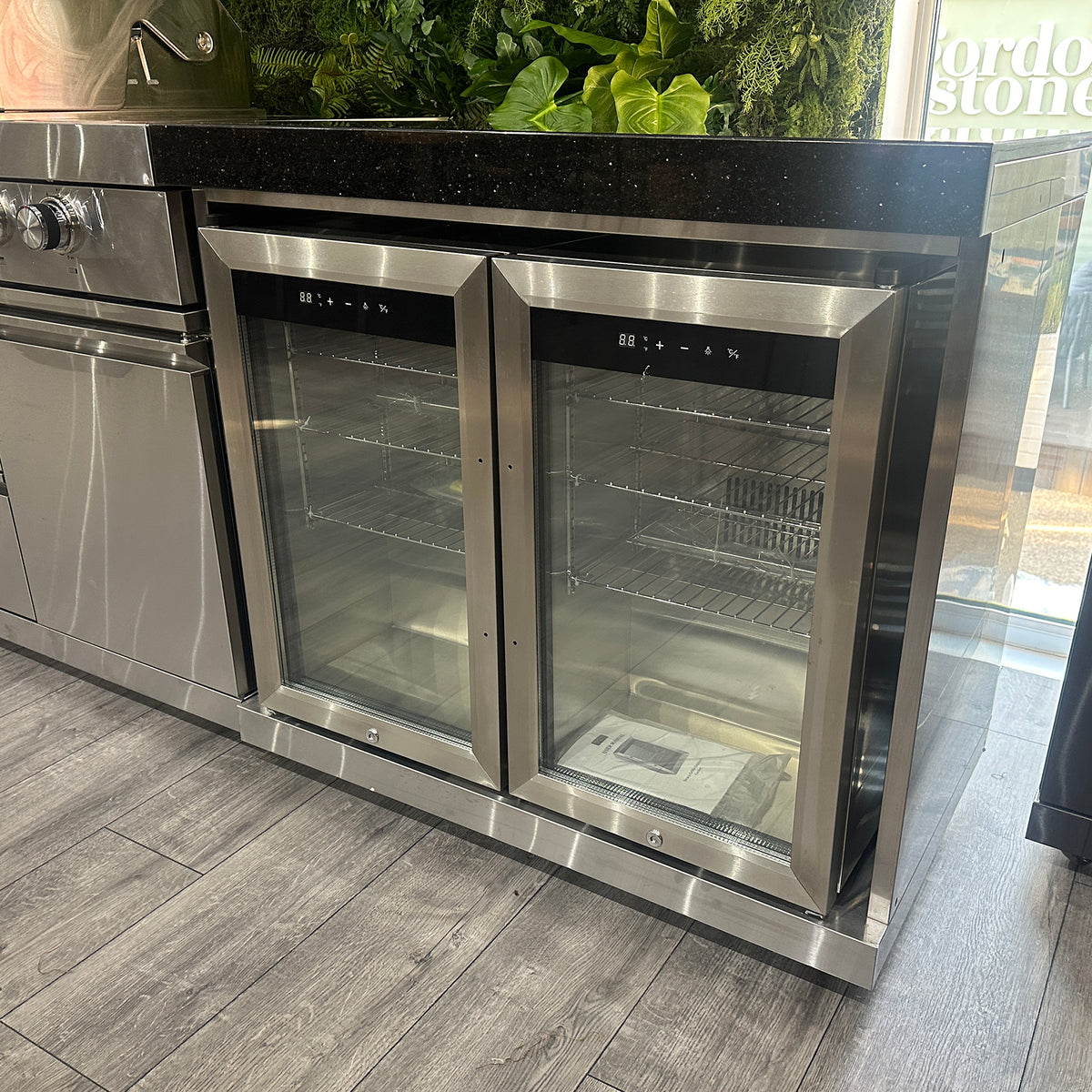 Ex Display Draco Grills 4 Burner Stainless Steel Outdoor Kitchen with Integrated Sear Station, Double Fridge and Sink Unit