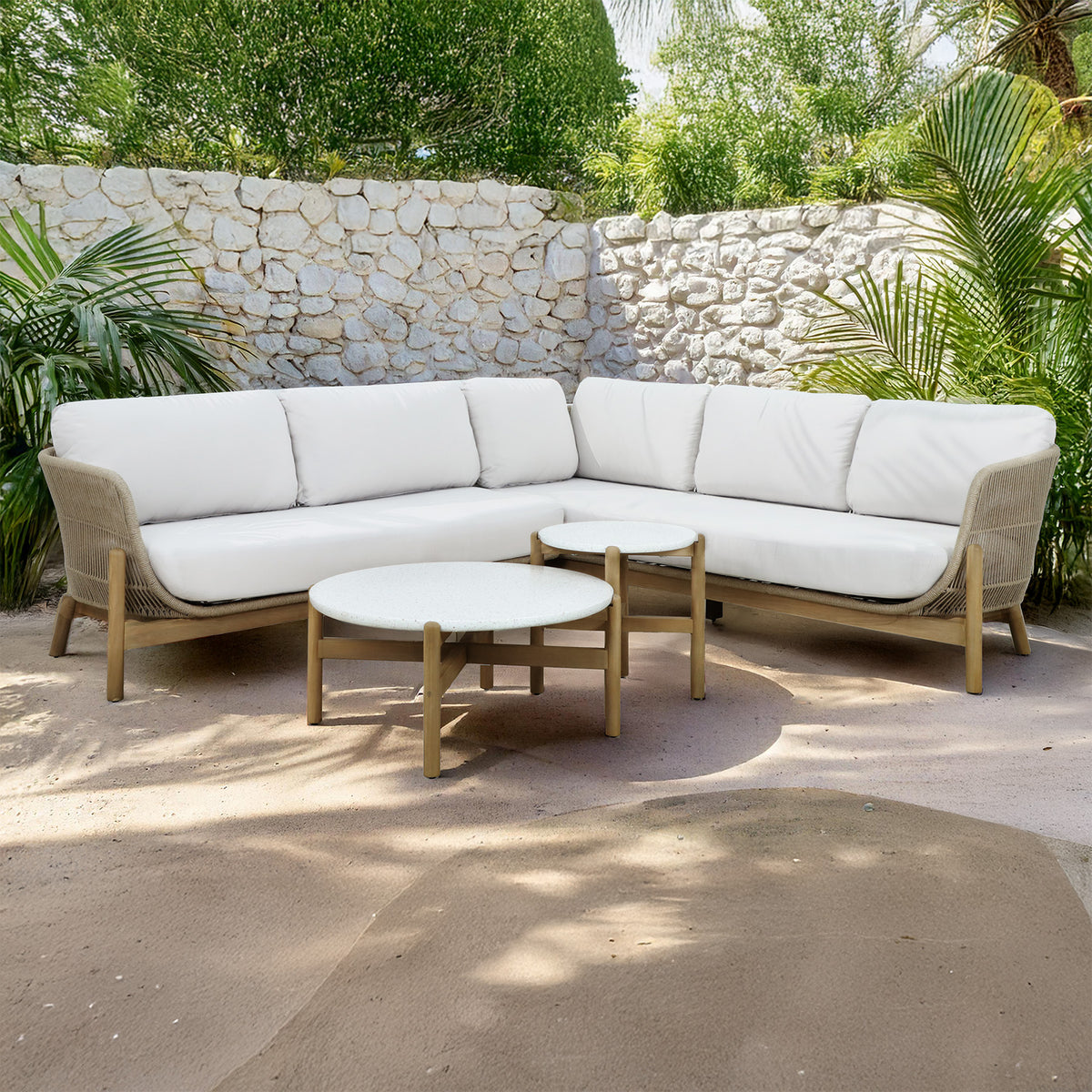 Bracken Outdoors Hampton Acacia and Rope Square Corner Sofa Garden Furniture Set with Coffee Tables