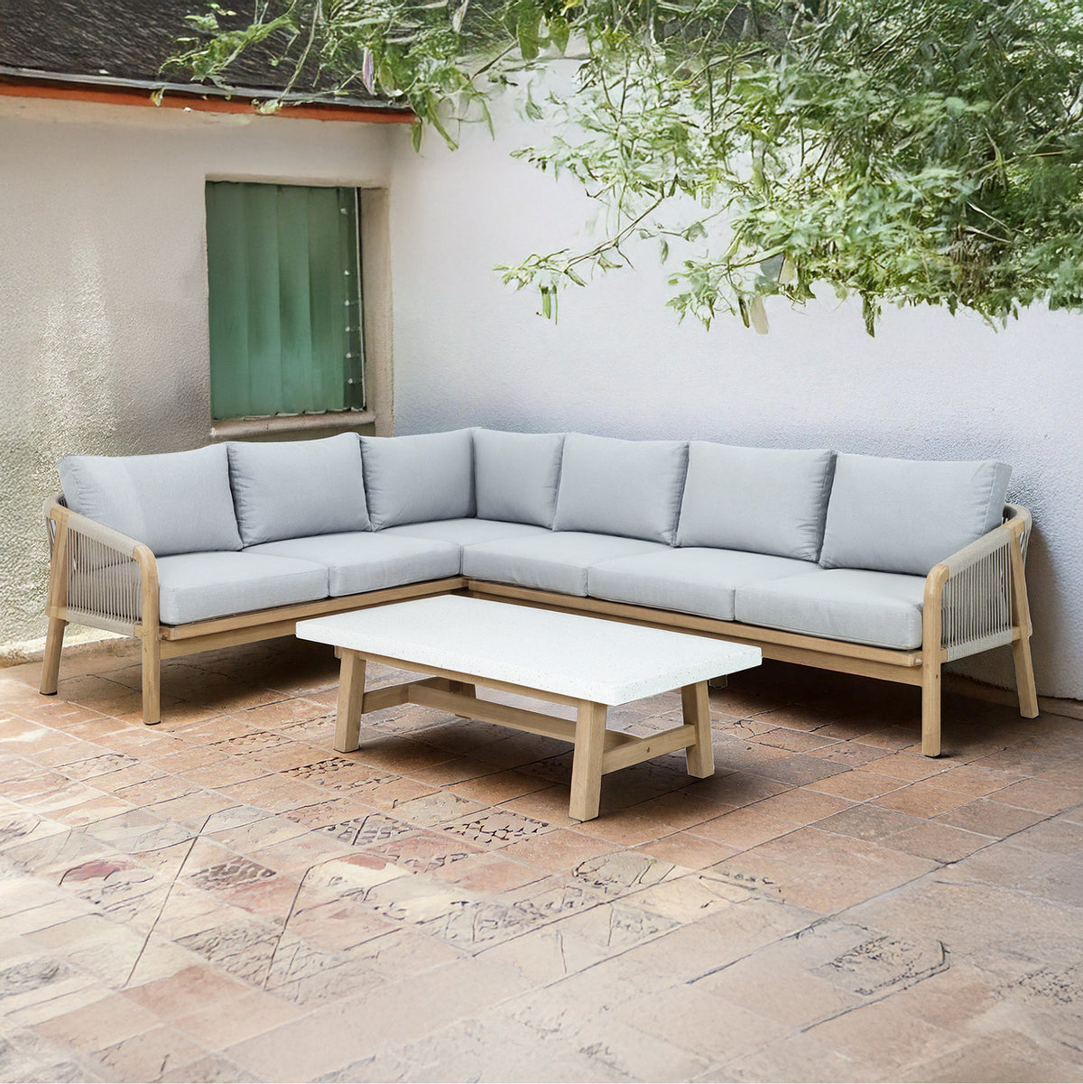 Bracken Outdoors Charlton Acacia and Rope Garden Furniture Corner Sofa Set with Coffee Table