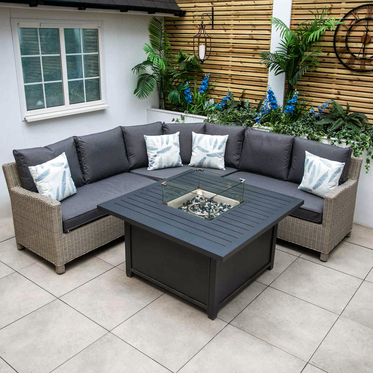 Kettler Palma Grande White Wash Corner Sofa Set with Aluminium Fire Pit Table