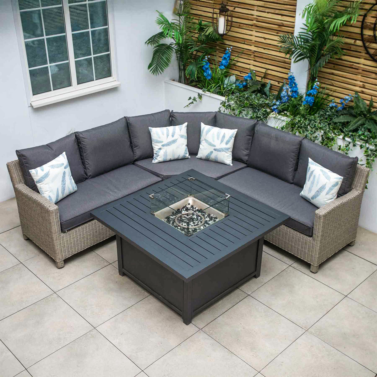 Kettler Palma Grande White Wash Corner Sofa Set with Aluminium Fire Pit Table