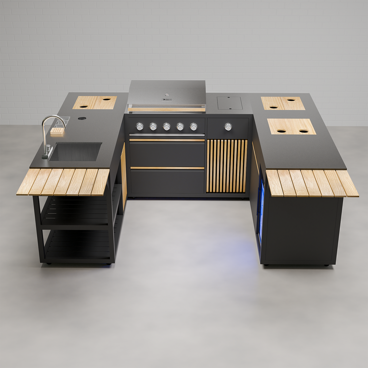 Draco Grills Scandic Line Modular Outdoor Kitchen with 5 Burner BBQ, Sink, Fridge and Corner &#39;C&#39; Unit