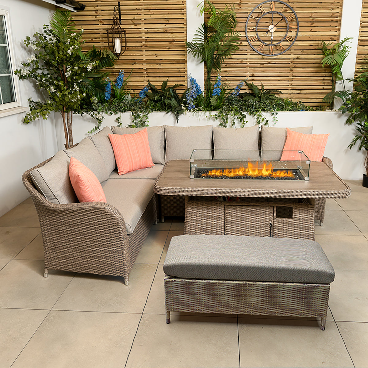 LG Monte Carlo Sand Modular Sofa Set With Fire Pit Table and Reclining Corner