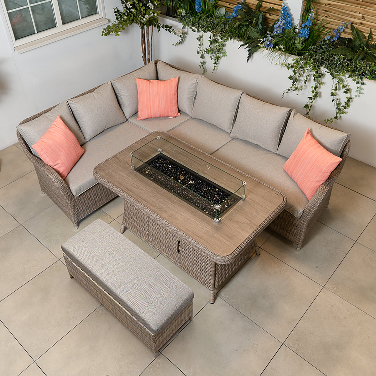 LG Monte Carlo Sand Modular Sofa Set With Fire Pit Table and Reclining Corner