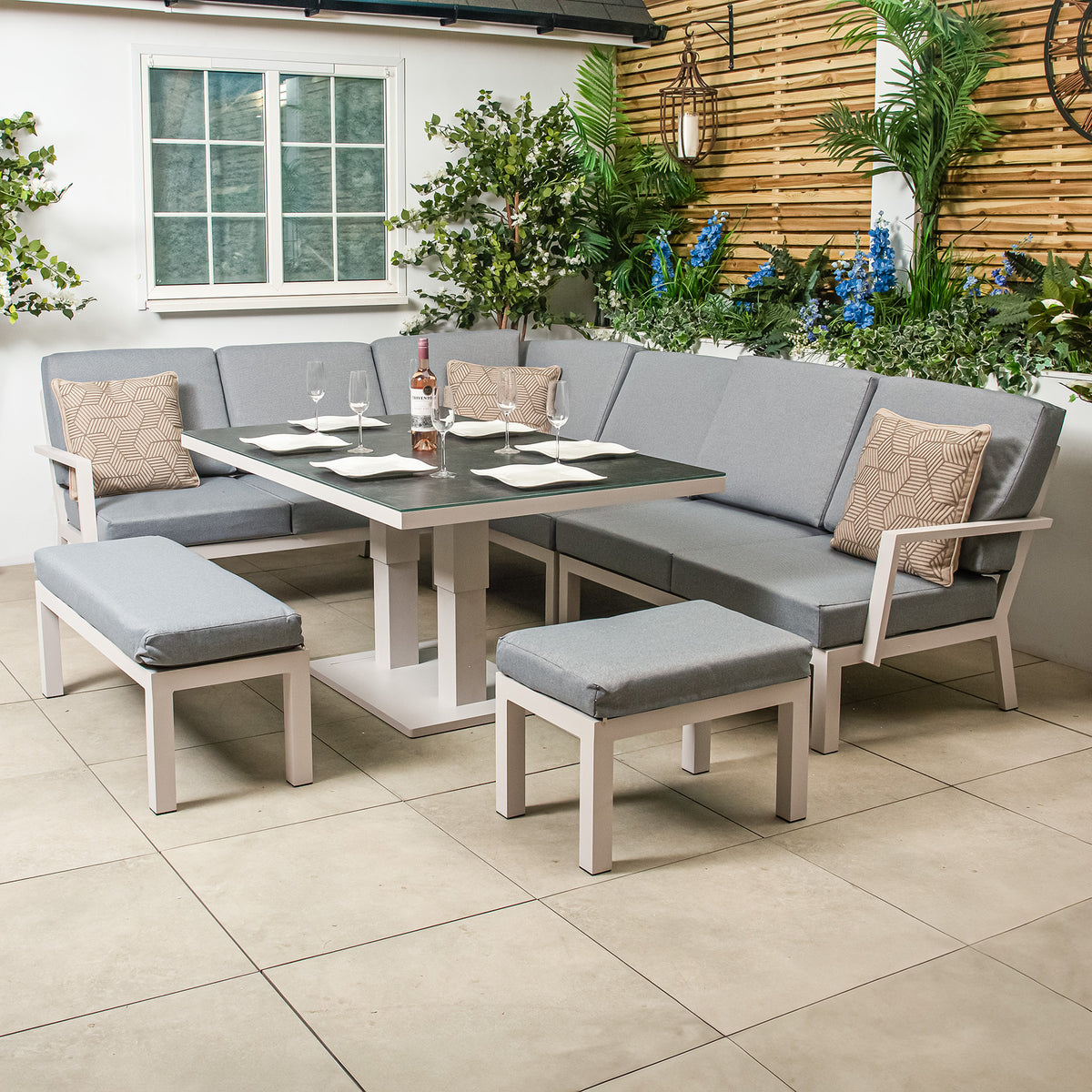 Bracken Outdoors Miami Light Aluminium Rectangular Corner Set with Adjustable Table, Bench and Stool