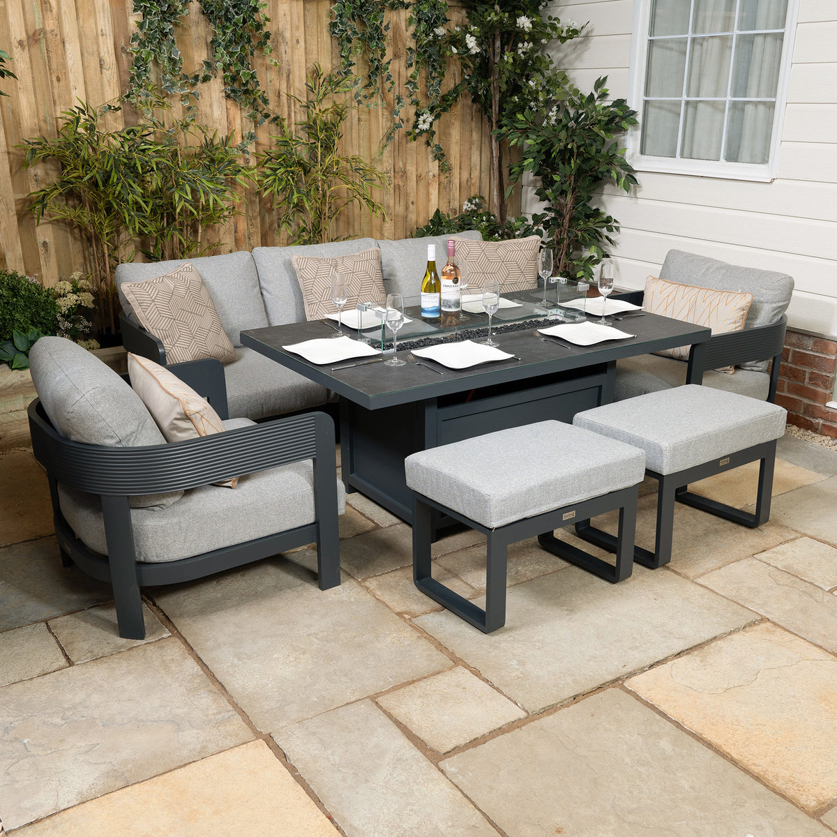 Bracken Outdoors Nevada Anthracite Ripple Aluminium Lounge Sofa Set with Fire Pit Table