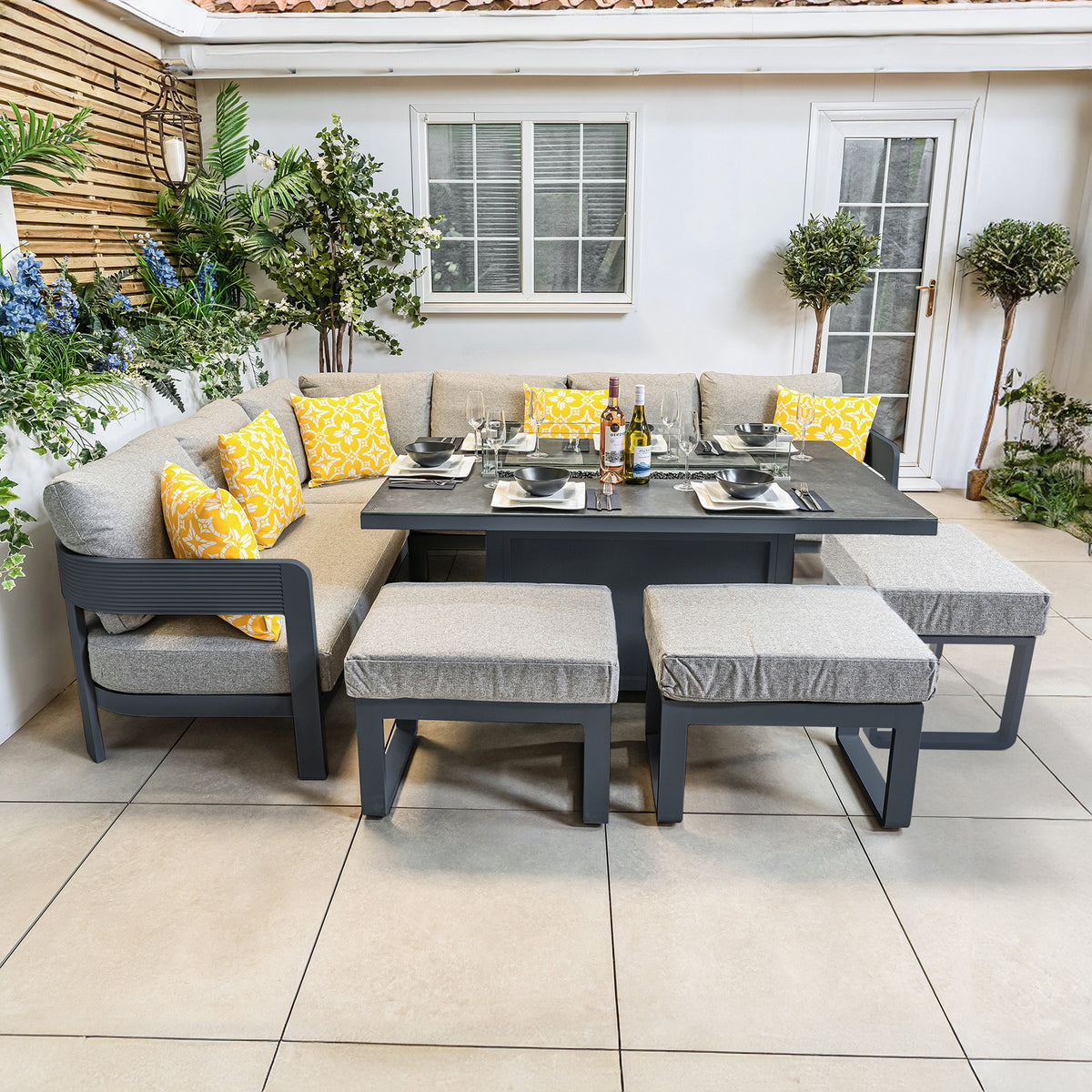 Bracken Outdoors Nevada Anthracite Ripple Aluminium Rectangular Corner Sofa Set with Fire Pit Table