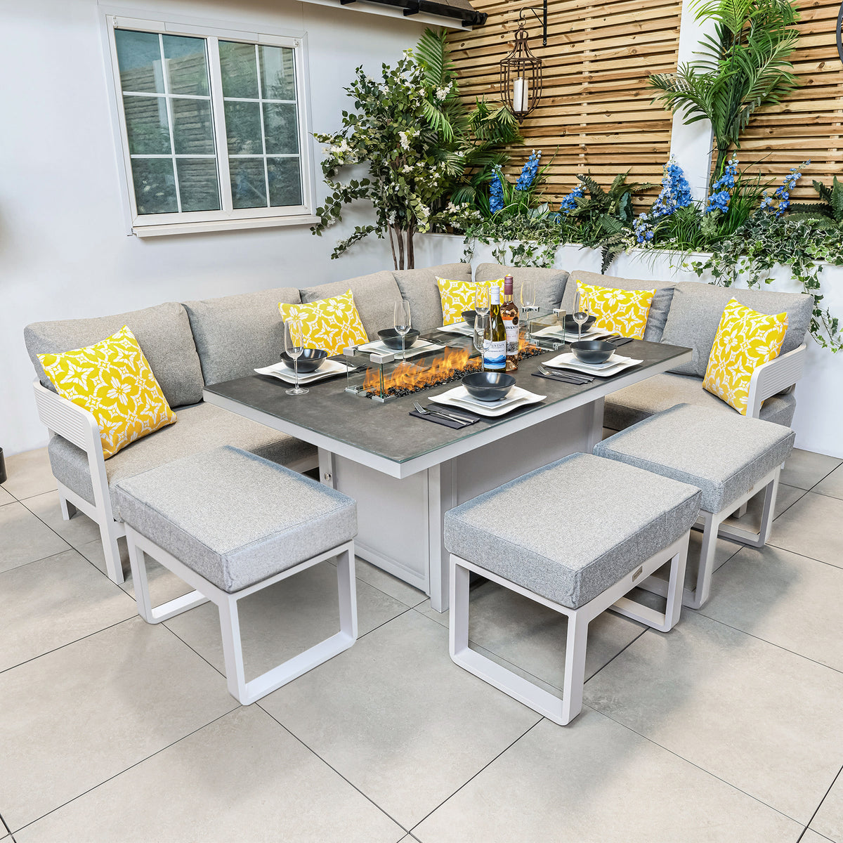 Bracken Outdoors Nevada Warm Grey Ripple Aluminium Rectangular Corner Sofa Set with Fire Pit Table