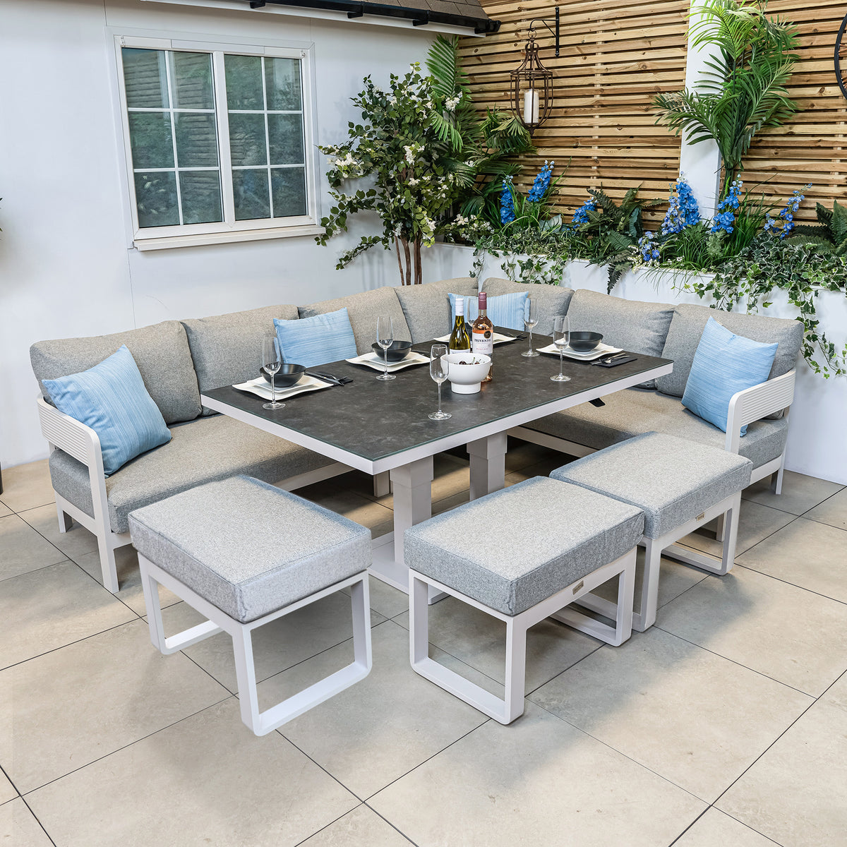 Bracken Outdoors Nevada Warm Grey Ripple Aluminium Rectangular Corner Sofa Set with Height Adjustable Table