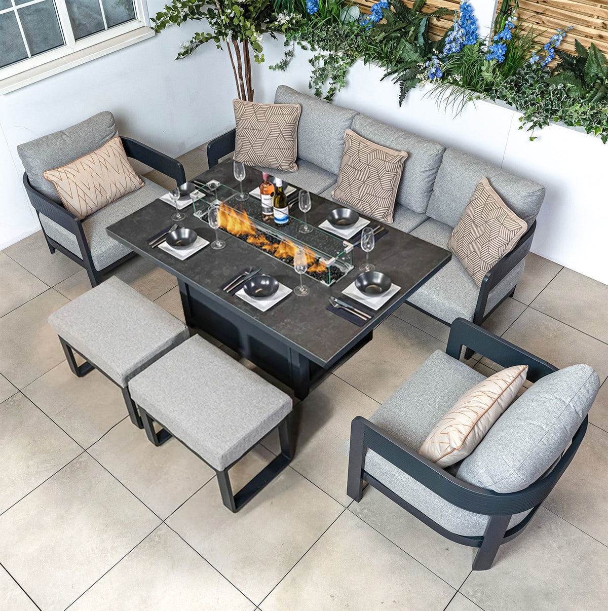 Bracken Outdoors Nevada Anthracite Ripple Aluminium Lounge Sofa Set with Fire Pit Table