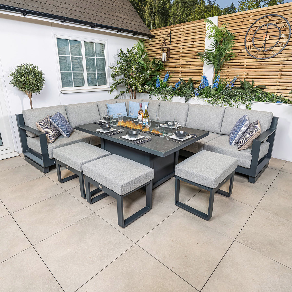 Bracken Outdoors Panama Anthracite Aluminium Rectangular Corner Sofa Set with Fire Pit Table