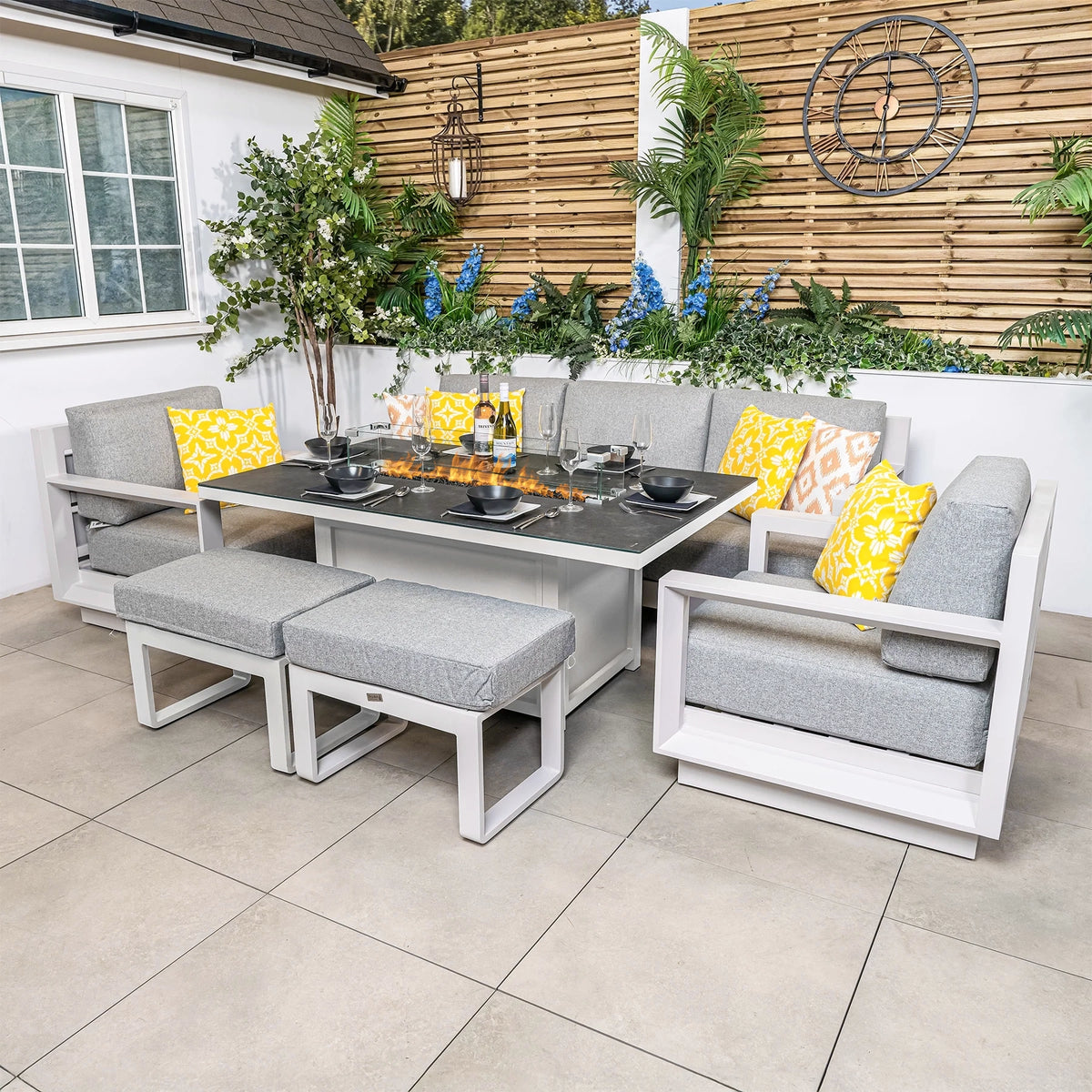 Bracken Outdoors Panama Warm Grey Aluminium Lounge Sofa Set with Fire Pit Table