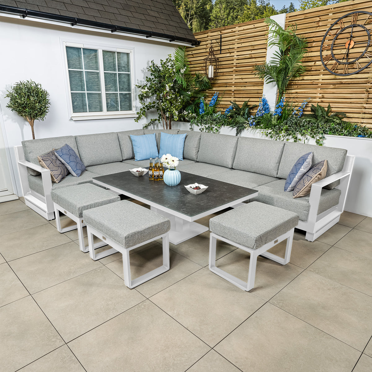 Bracken Outdoors Panama Warm Grey Aluminium Rectangular Corner Sofa Set with Height Adjustable Table