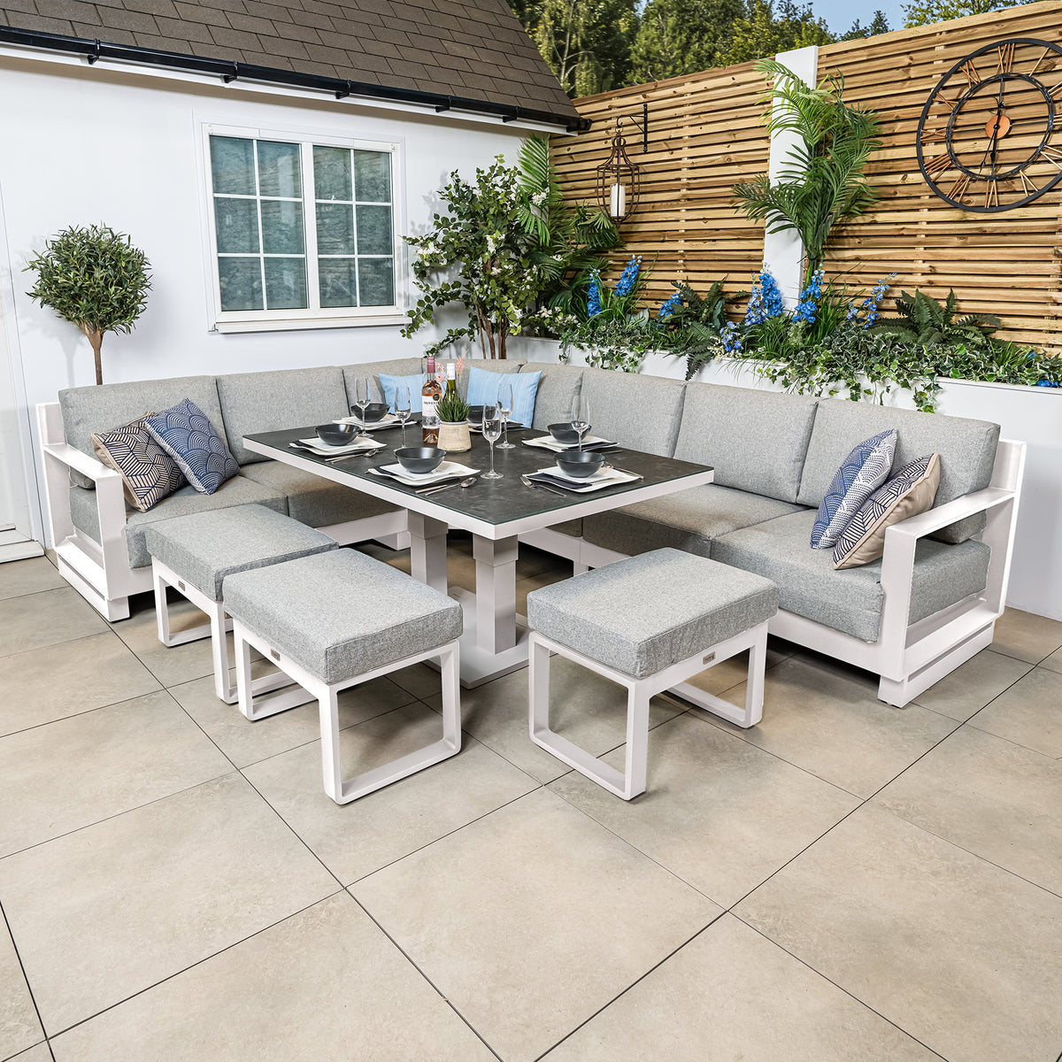 Bracken Outdoors Panama Warm Grey Aluminium Rectangular Corner Sofa Set with Height Adjustable Table