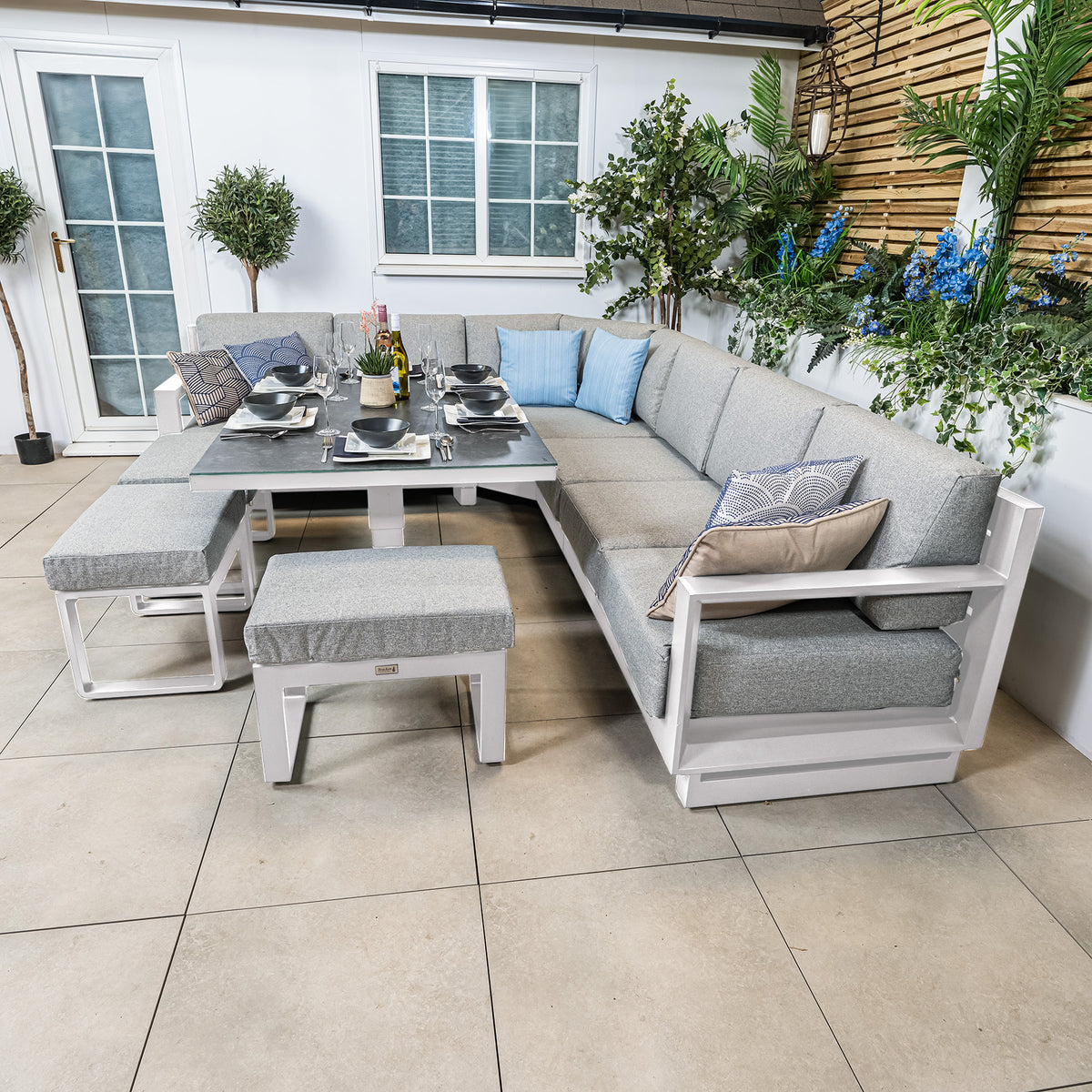 Bracken Outdoors Panama Warm Grey Aluminium Rectangular Corner Sofa Set with Height Adjustable Table