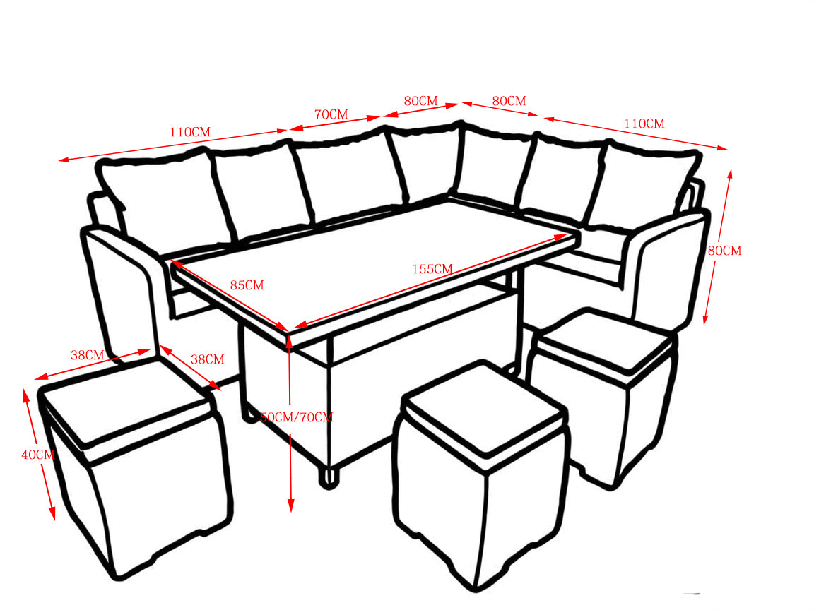 Bracken Outdoors Richmond Rectangular Rattan Corner Sofa Garden Furniture Set with Height Adjustable Table