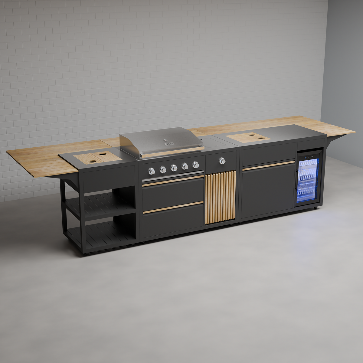 Draco Grills Scandic Line Modular Outdoor Kitchen with 5 Burner BBQ, Fridge and Corner Unit