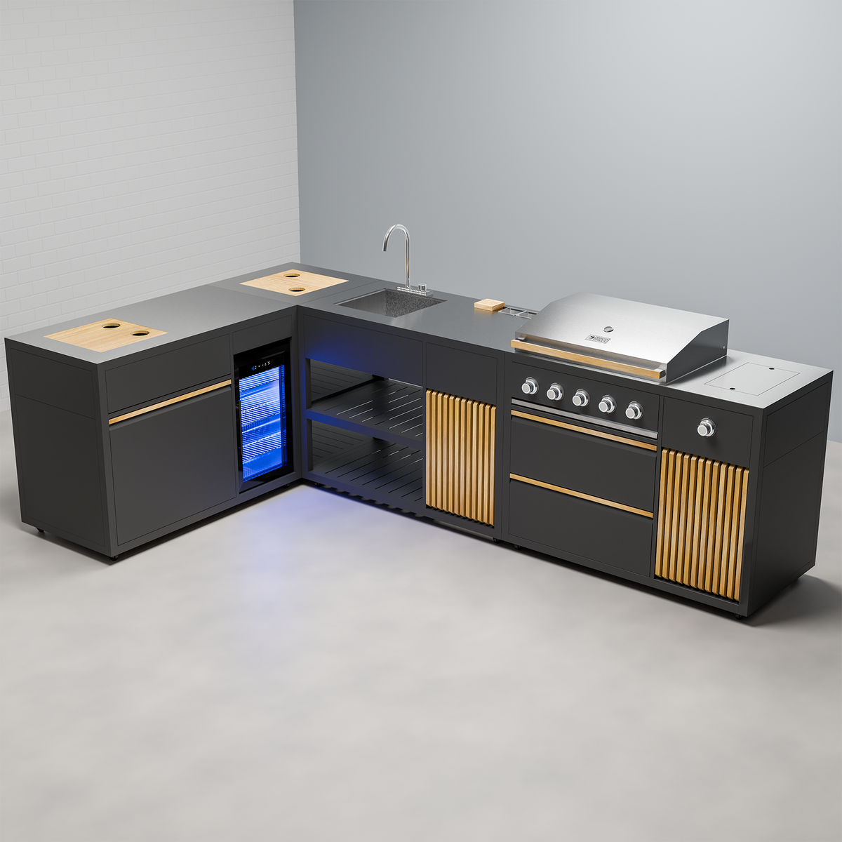 Draco Grills Scandic Line Modular Outdoor Kitchen with 5 Burner BBQ, Sink, Fridge and Corner &#39;L&#39; Unit