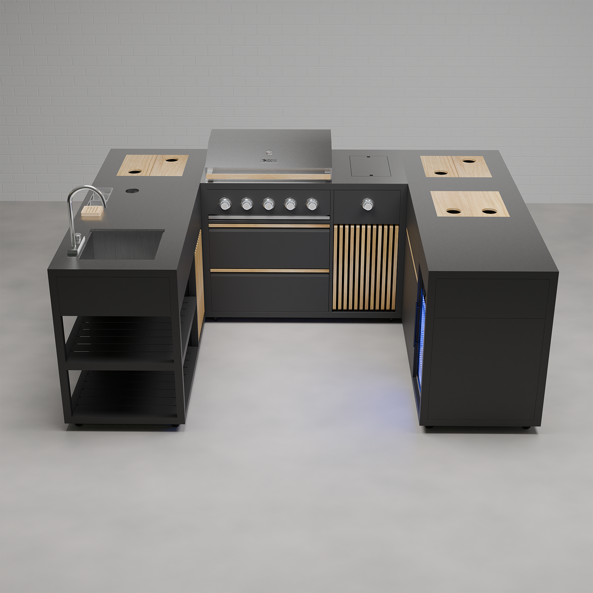 Draco Grills Scandic Line Modular Outdoor Kitchen with 5 Burner BBQ, Sink, Fridge and Corner &#39;C&#39; Unit