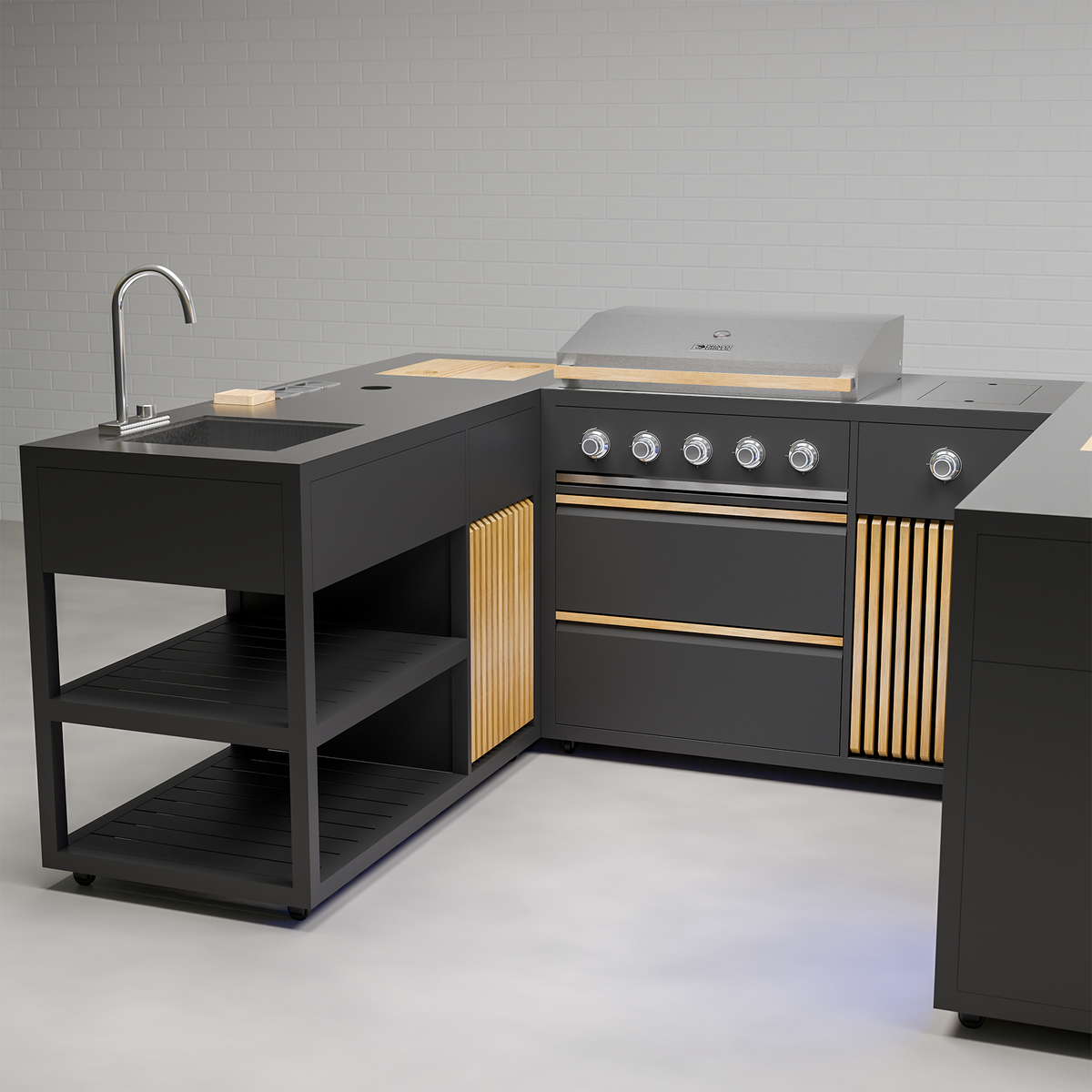 Draco Grills Scandic Line Modular Outdoor Kitchen with 5 Burner BBQ, Sink, Fridge and Corner &#39;C&#39; Unit