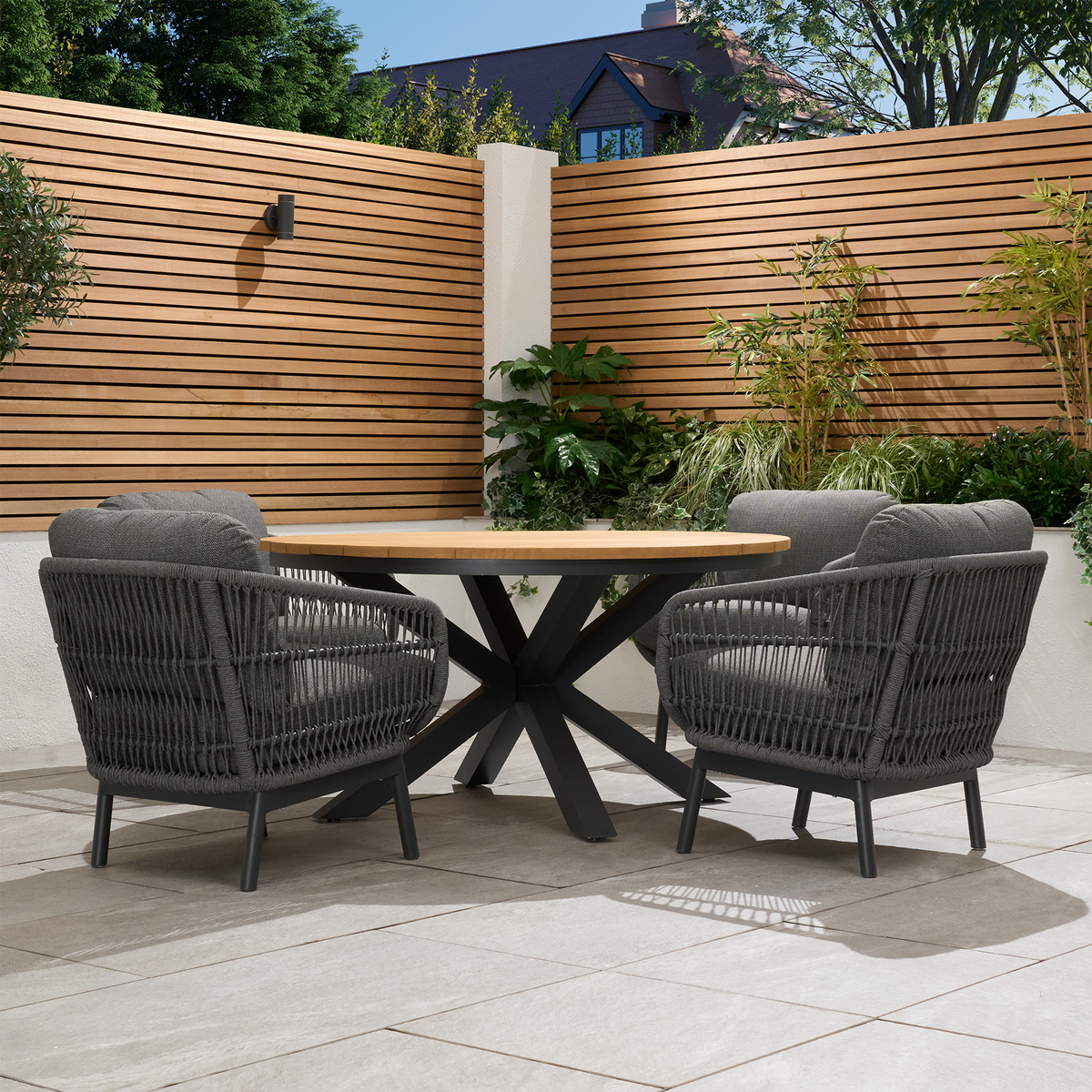 Bracken Outdoors Colorado 4 Seat Round Rope Aluminium Teak Garden Lounge Dining Set