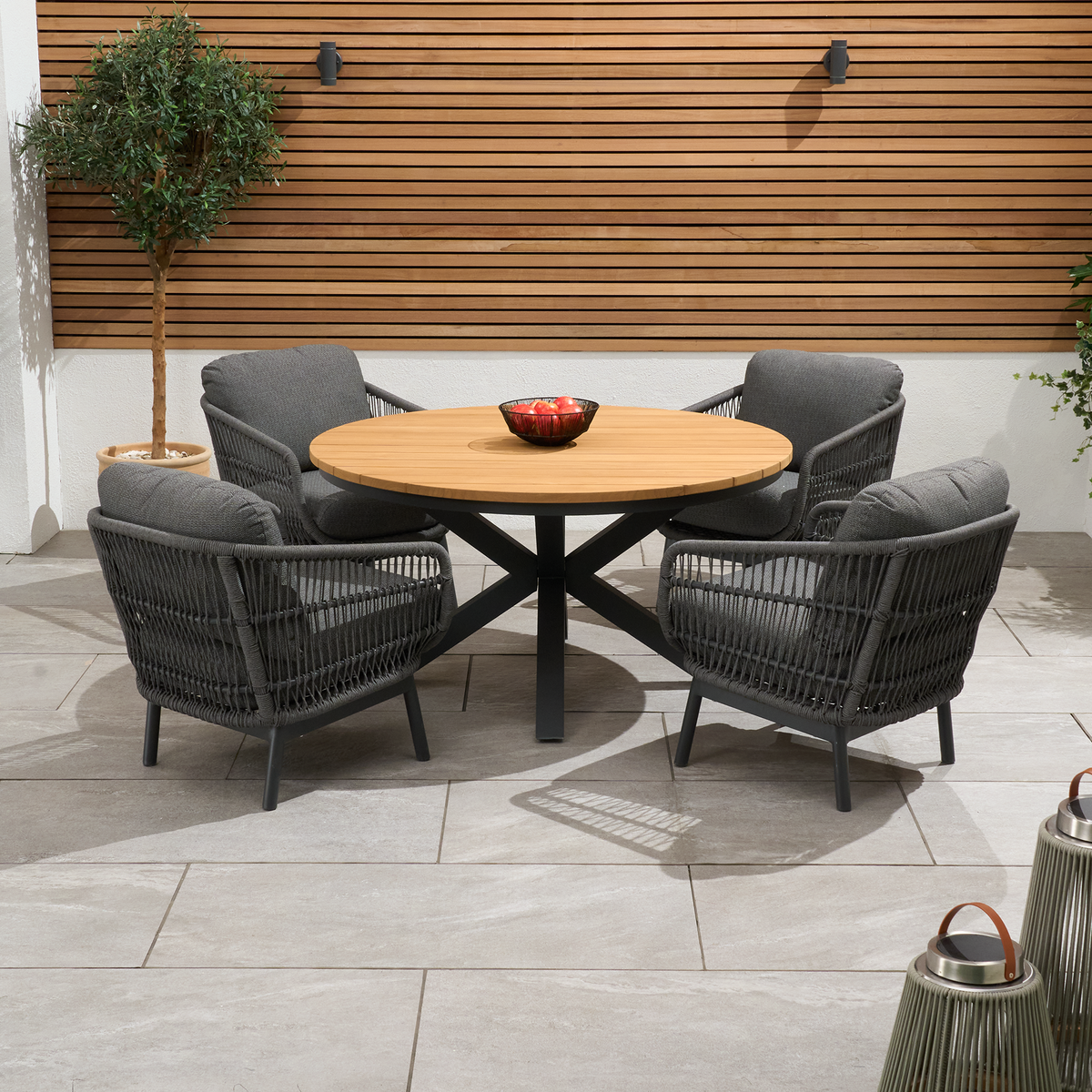 Bracken Outdoors Colorado 4 Seat Round Rope Aluminium Teak Garden Lounge Dining Set