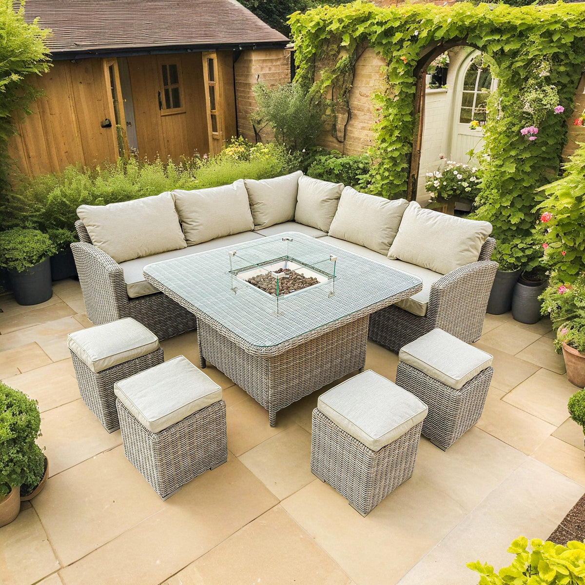 Bracken Outdoors Richmond Square Rattan Corner Sofa Garden Furniture Set with Fire Pit Table