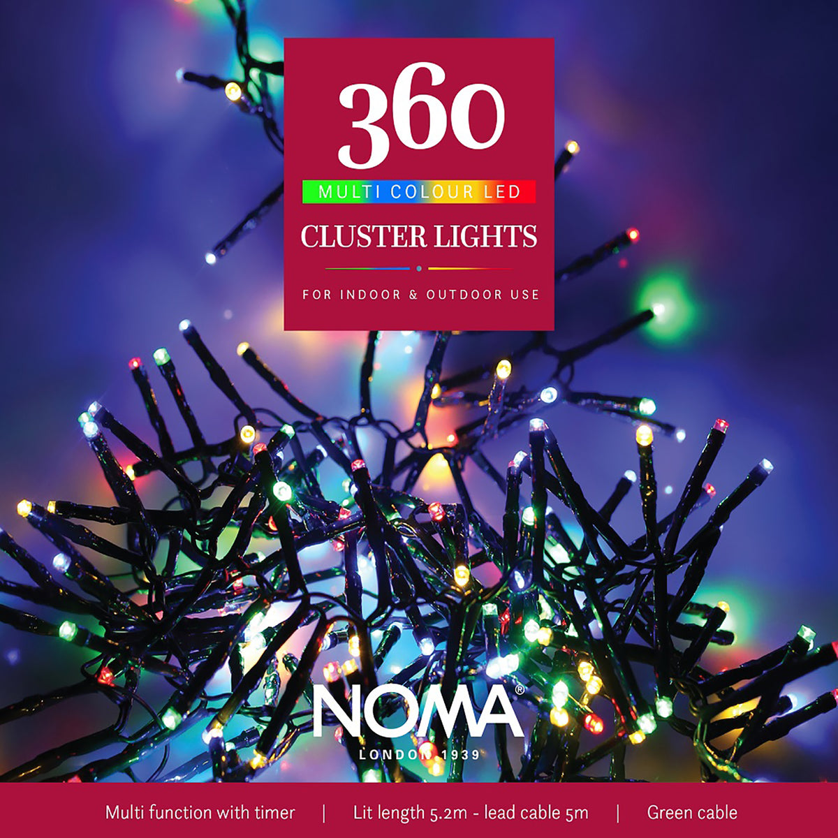 Noma Christmas 360, 480, 720, 960, 2000 Multifunction Cluster Lights with Green Cable - Multi Colour