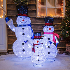 Set Of 3 Pop-Up Snowmen Family with White LED Lights and Timer