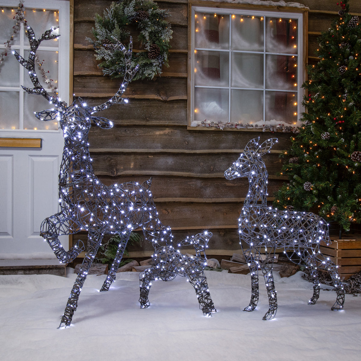 Grey Wicker Outdoor Light Up Christmas Stag Reindeer with 70cm Mother and Fawn